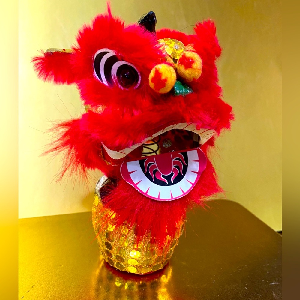 CHINESE DANCING LION DRUM NEW YEAR FESTIVAL FOO DOG STATUE BOBBLE STATUE 6”